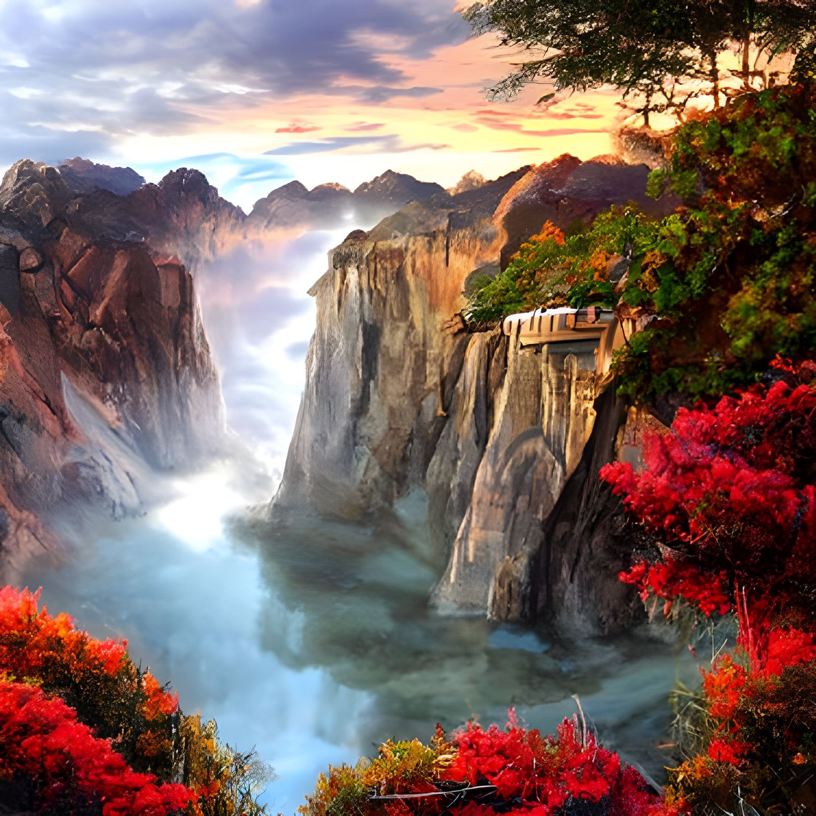 Sunrise Over Lushan Waterfall: Ink Wash Painting