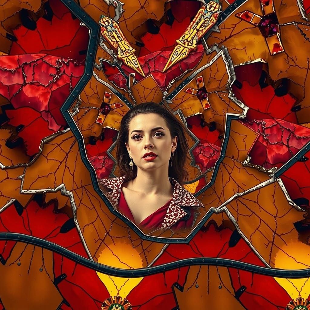 Flamboyant Woman in Clashing Patterns with Projected Overlay