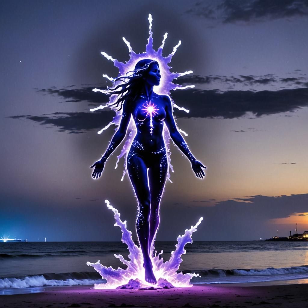 Girl on Seashore with Kirlian Aura in Graffiti Style