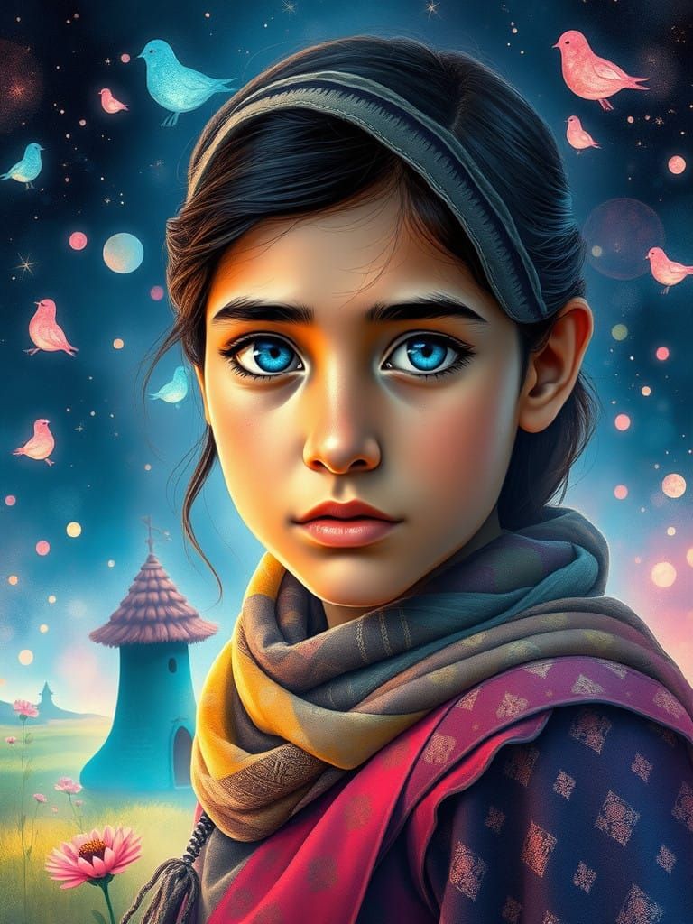 Whimsical Afghan Girl in Glowing Landscape