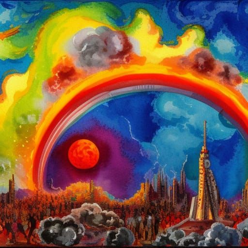 Rainbow Nuclear Explosion in Gouache Style