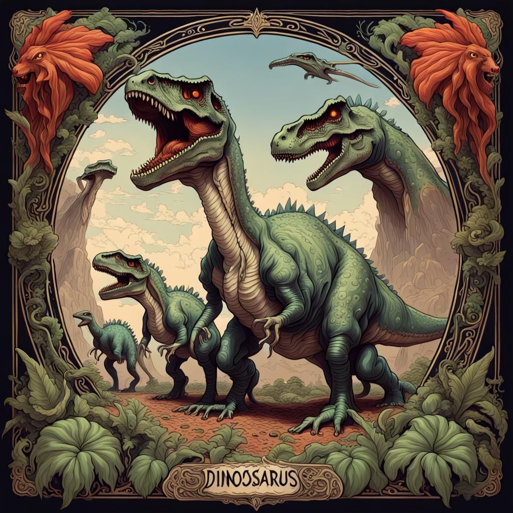 Dinosaurs on Art Nouveau Heavy Metal Album Cover