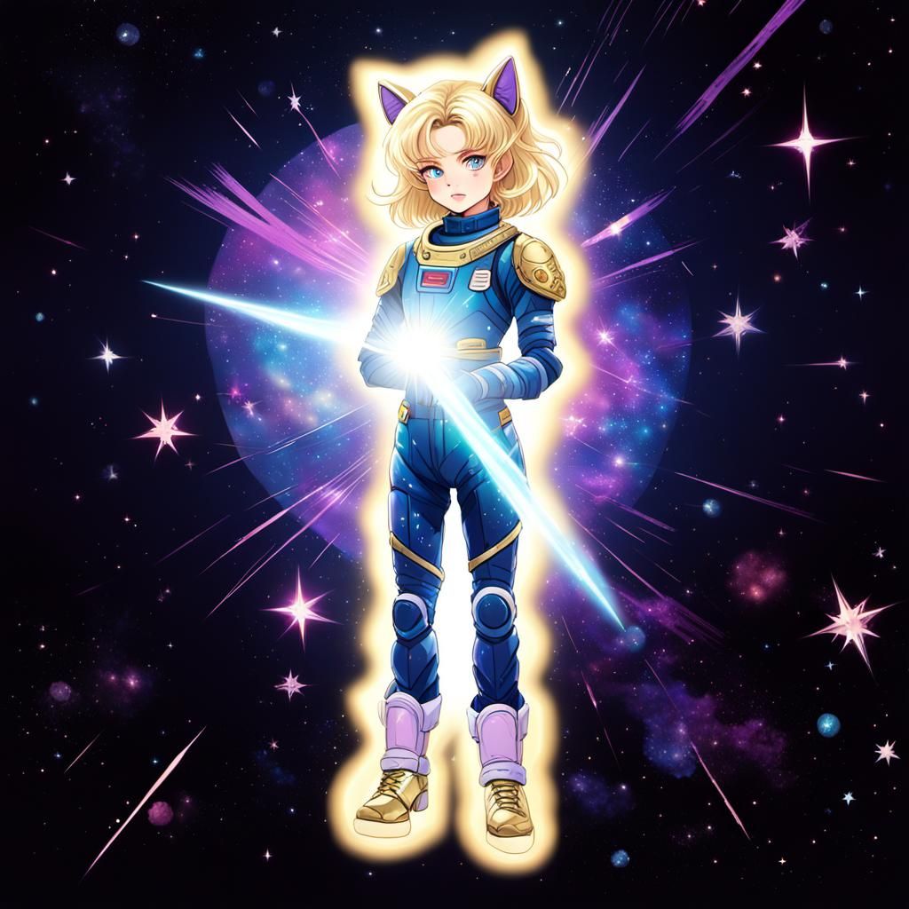 Anime Woman in Cosmic Armor with Astronaut Cat