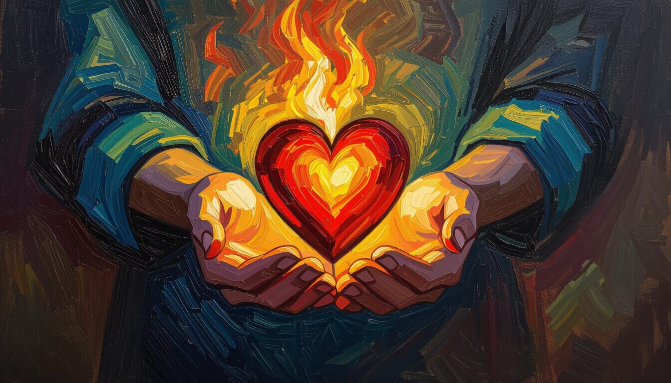 Burning Heart in Hands, Neo-Impressionist Oil Painting