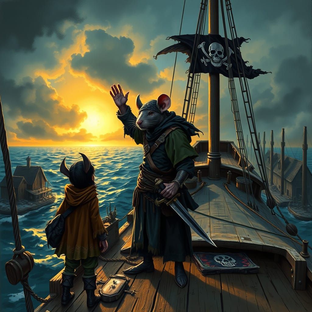 Rat-Man Pirate Bids Farewell to Halfling Ranger at Sunset