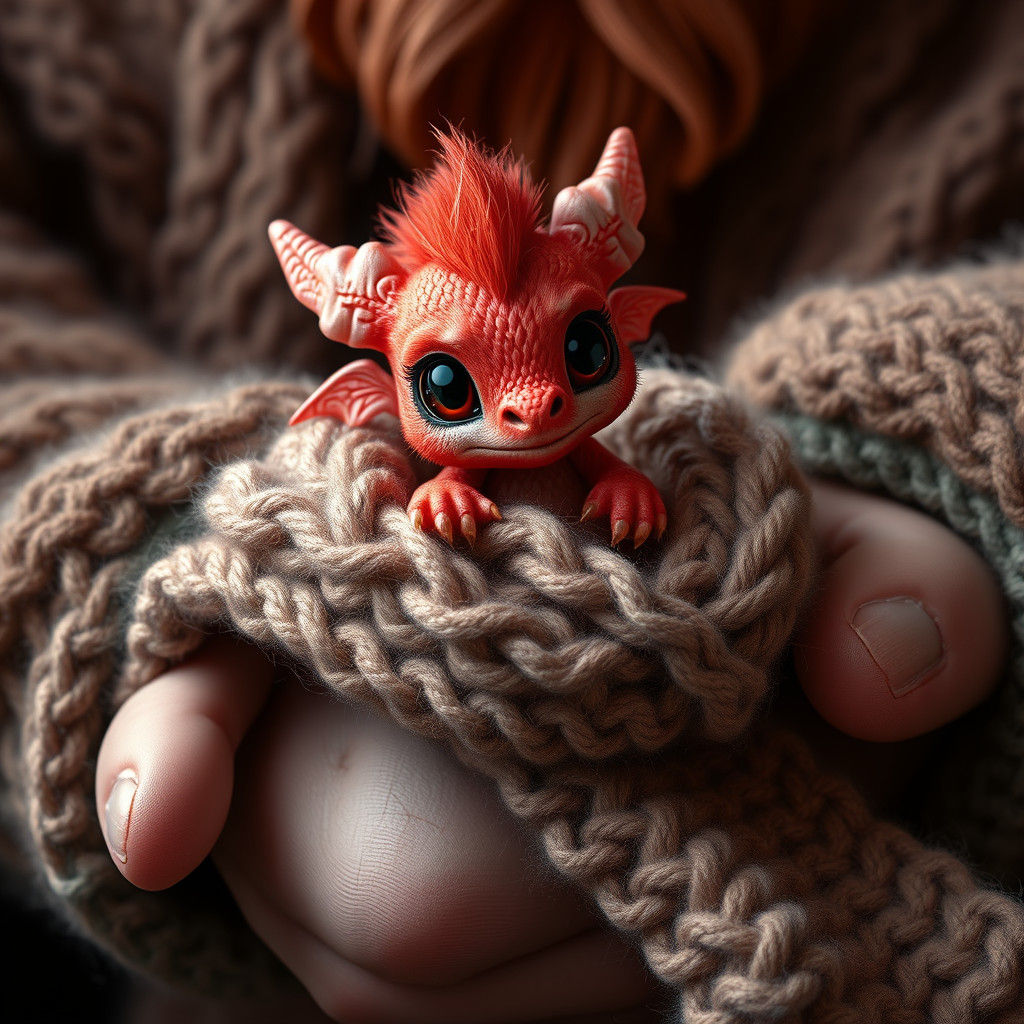 Adorable Red Dragon on Giant Hand, Digital Art