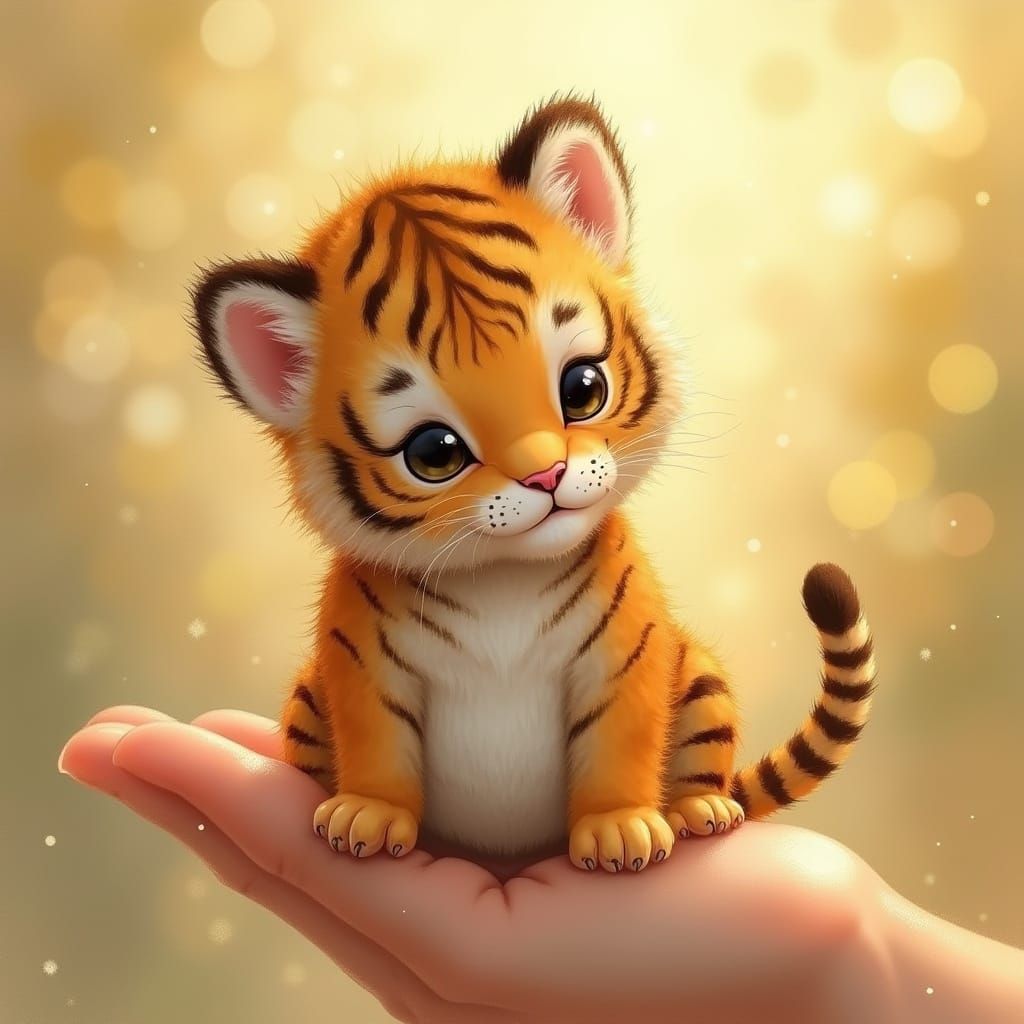 Whimsical Tiger Cub Perched on a Finger in Warm Golden Light
