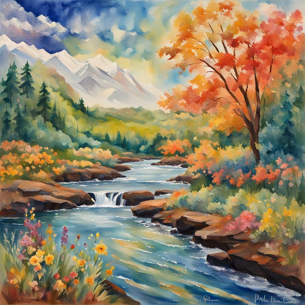 Serene Landscape in Gouache Style Impressionist Painting