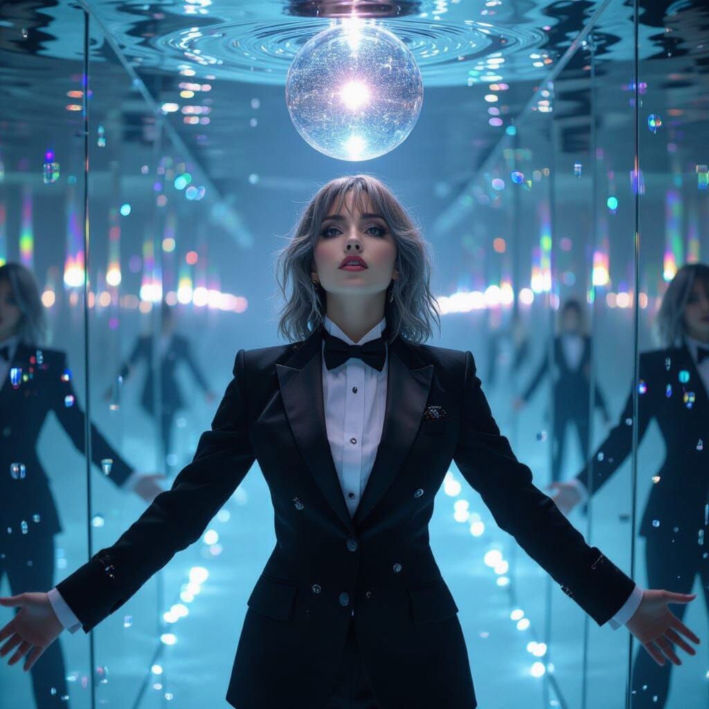 Emo Lady Dancing in Water with Prismatic Light Refractions
