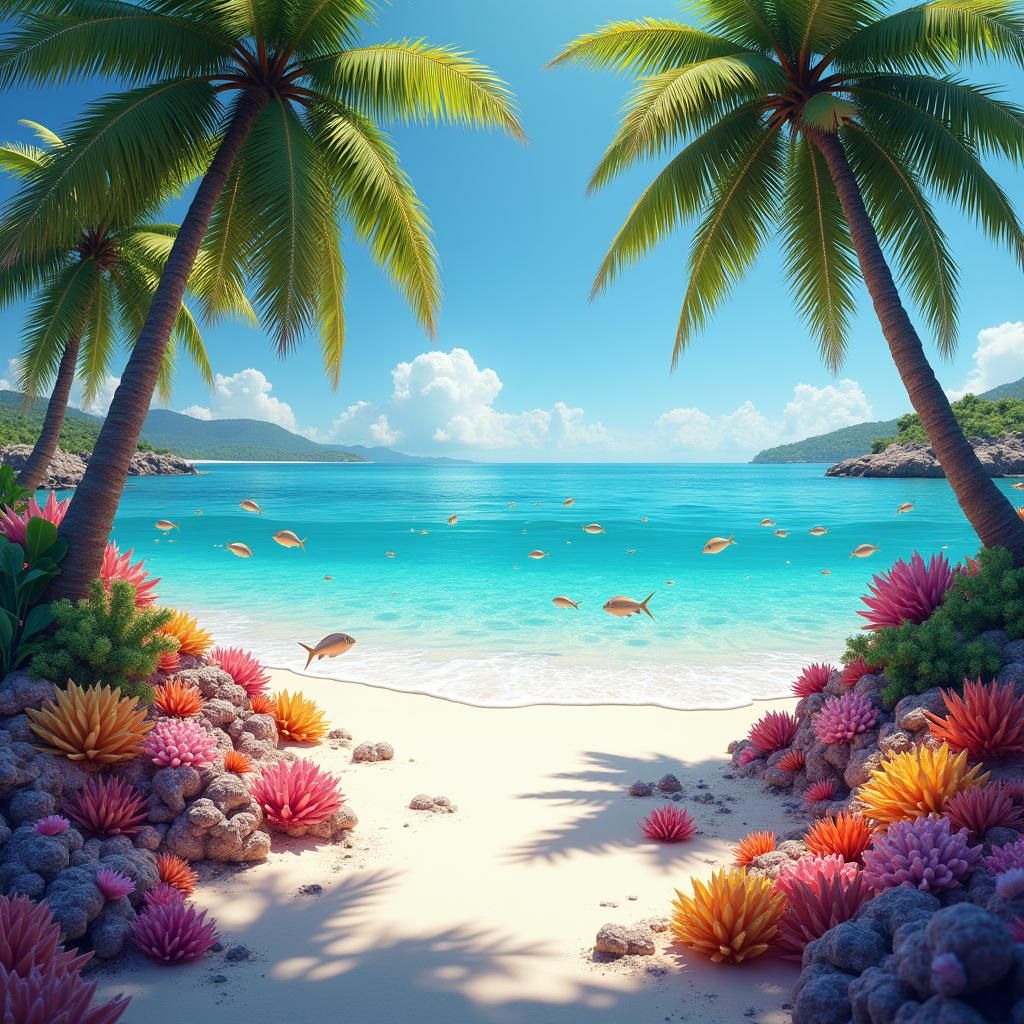 Rainbow Beach with Coconut Trees, Fantasy Concept Art