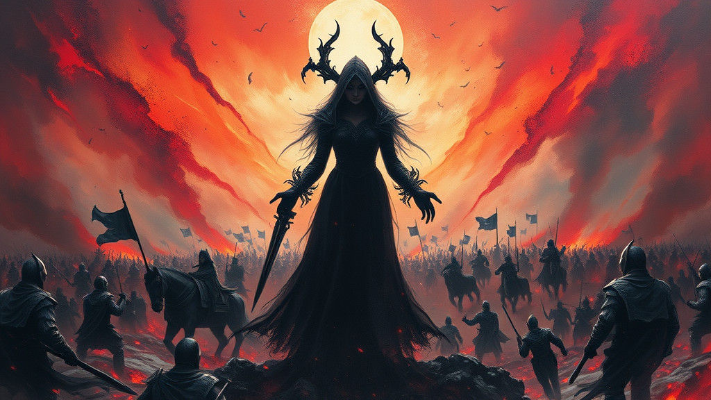 Dark Fantasy Sorceress in War-Torn Landscape