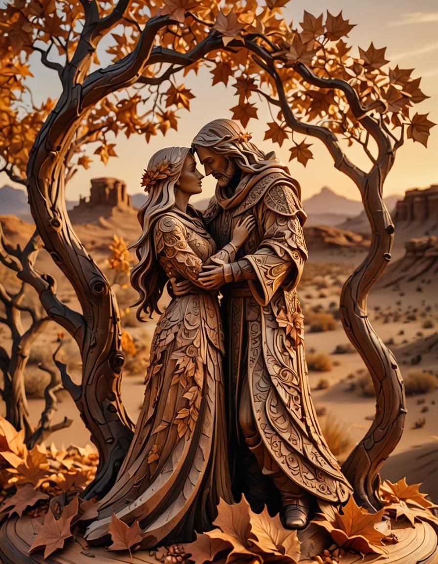 Cozy Desert Embrace: Wooden Sculpture in Golden Light