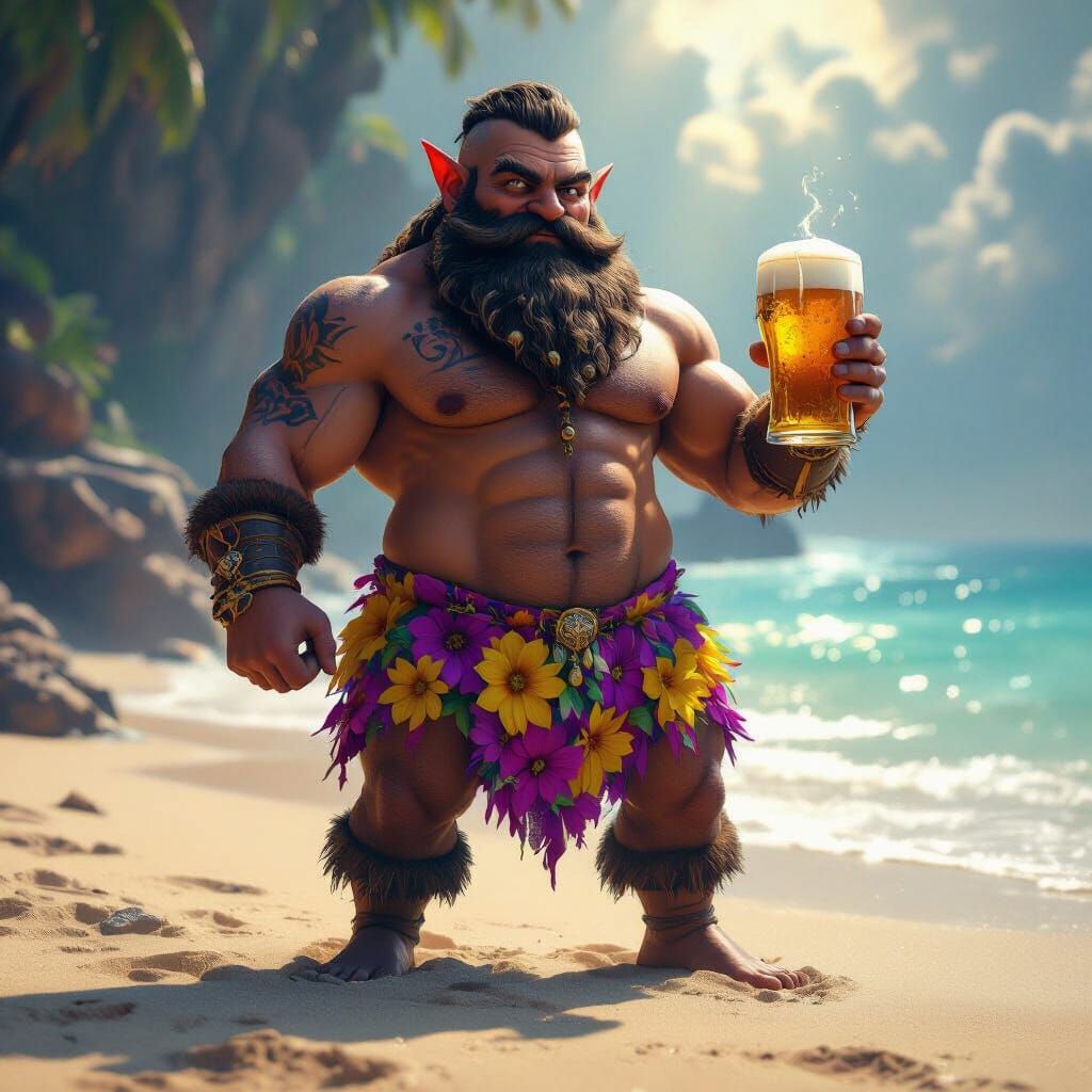 Dwarf in Bikini with Beer on Beach, Dark Fantasy Art