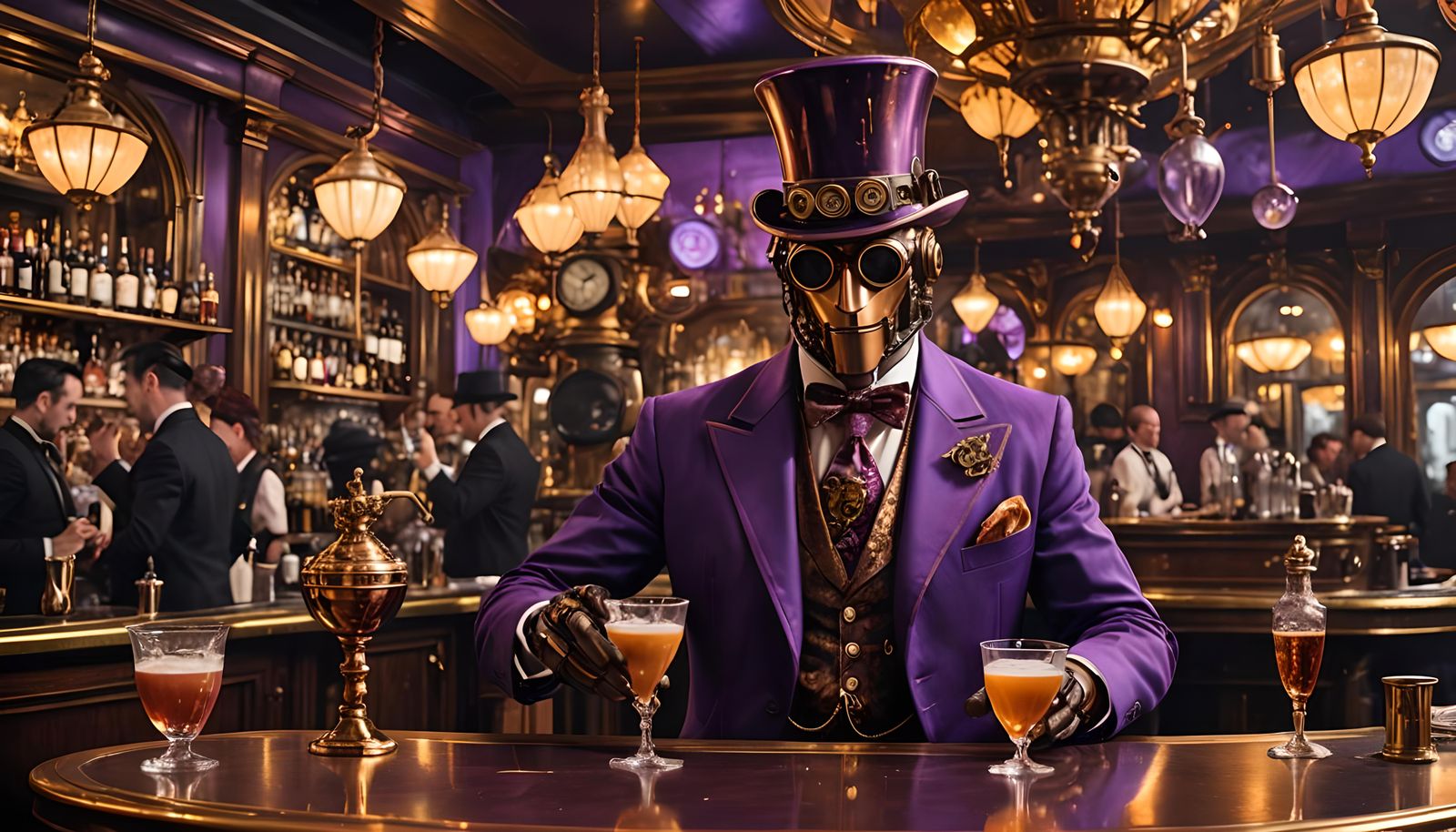 Copper Robot Bartender in Purple Suit, Art Nouveau Style