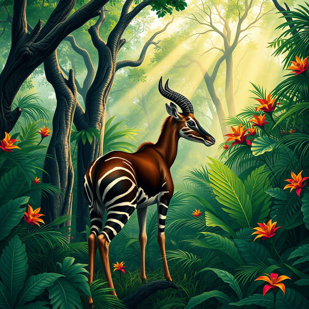 Okapi in Rainforest, Illustrated Wildlife Art