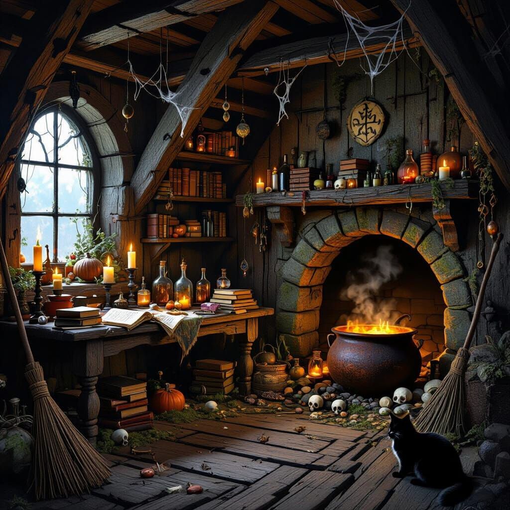 Photorealistic Witch's Hut Halloween Scene with Eerie Detail...