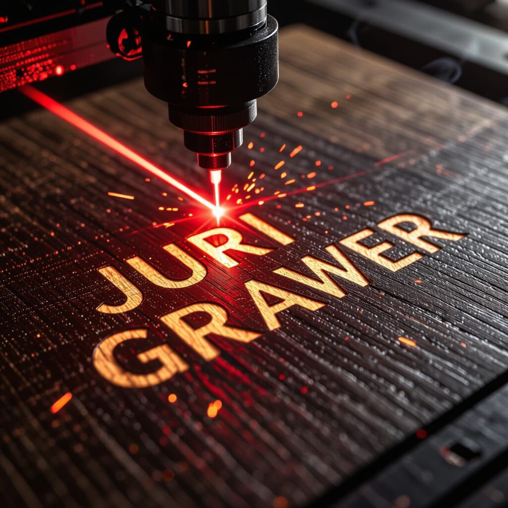 Laser Engraving 'JURI GRAWER' on Dark Wood