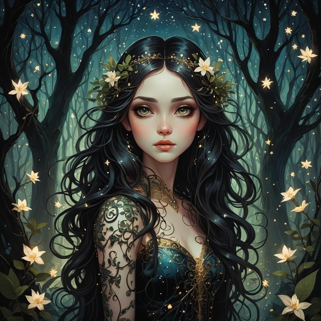 Ethereal Fairy Woman in Dark Forest, Fantasy Art
