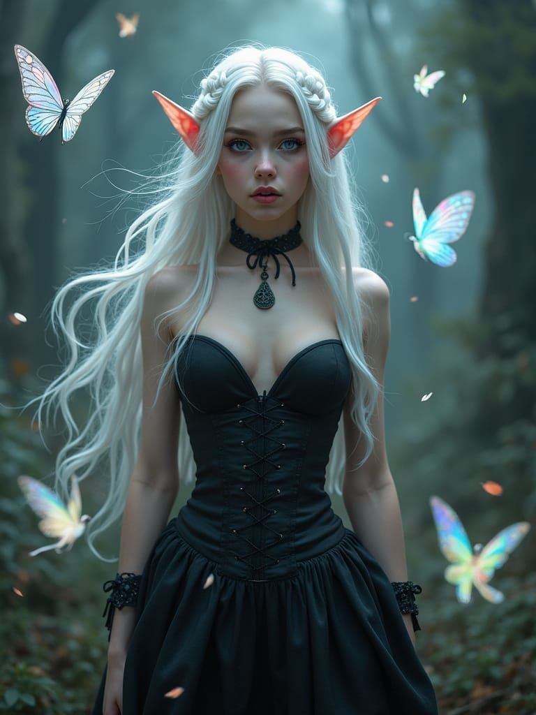 Gothic Elf Surrounded by Glowing Fairies