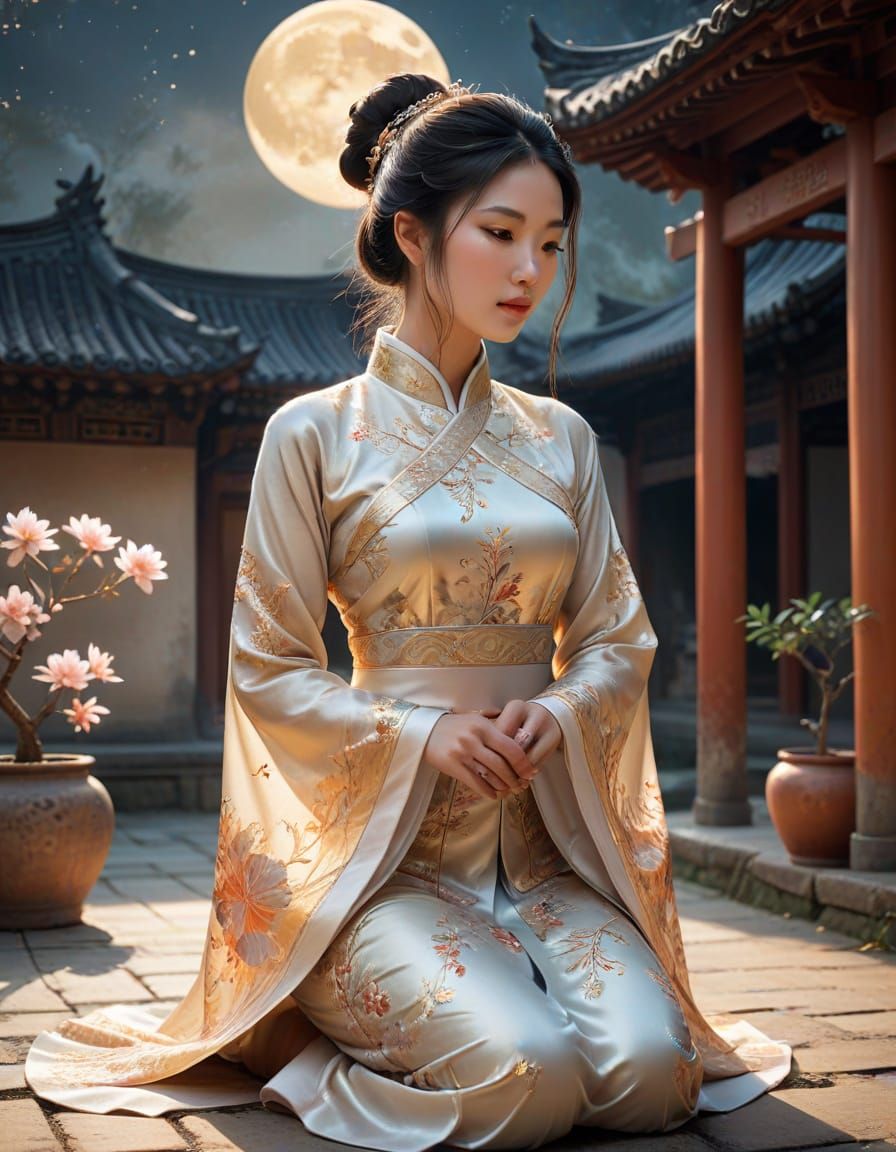 Asian Woman Praying in Dreamlike Digital Painting