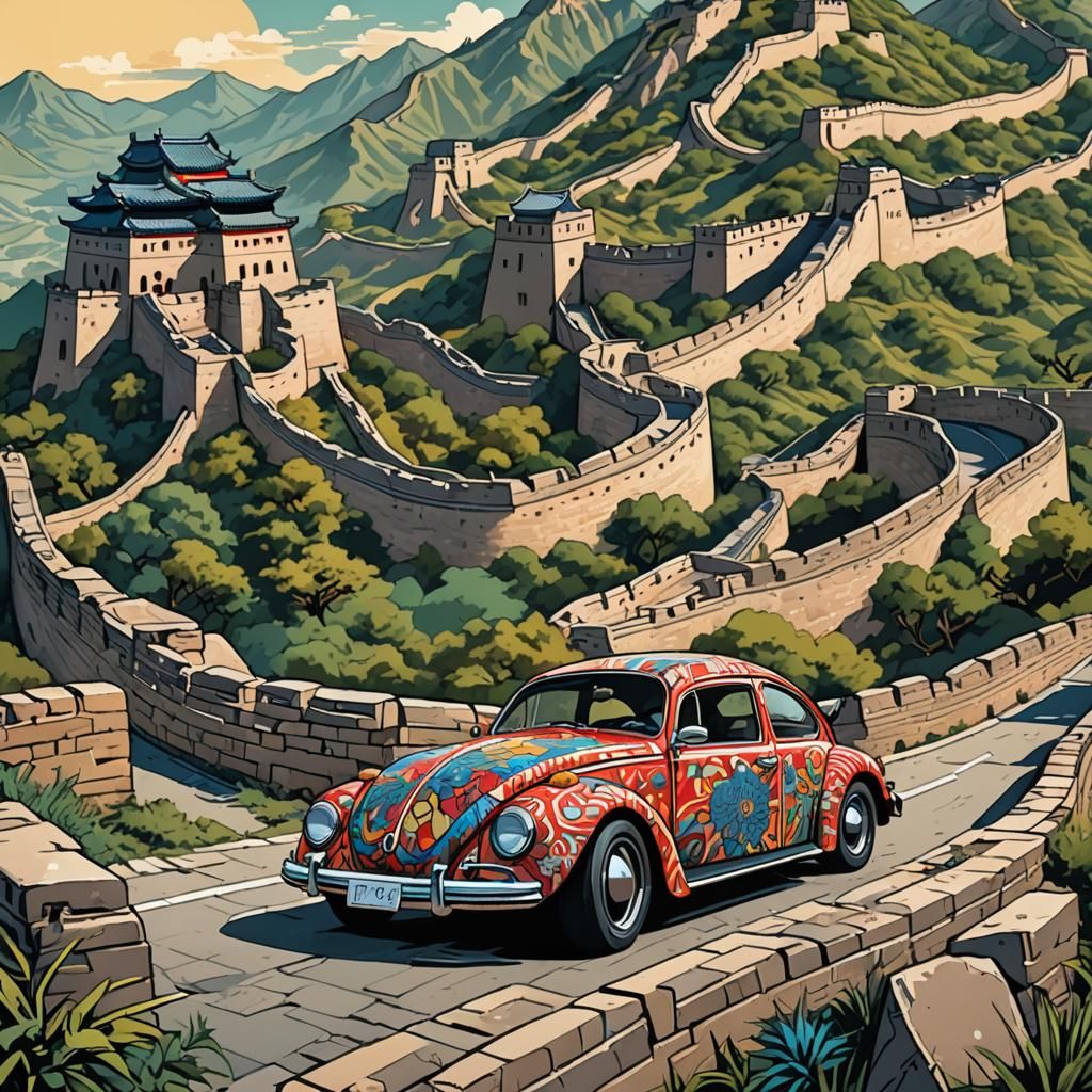 VW Beetle on Great Wall: Comic Book Style