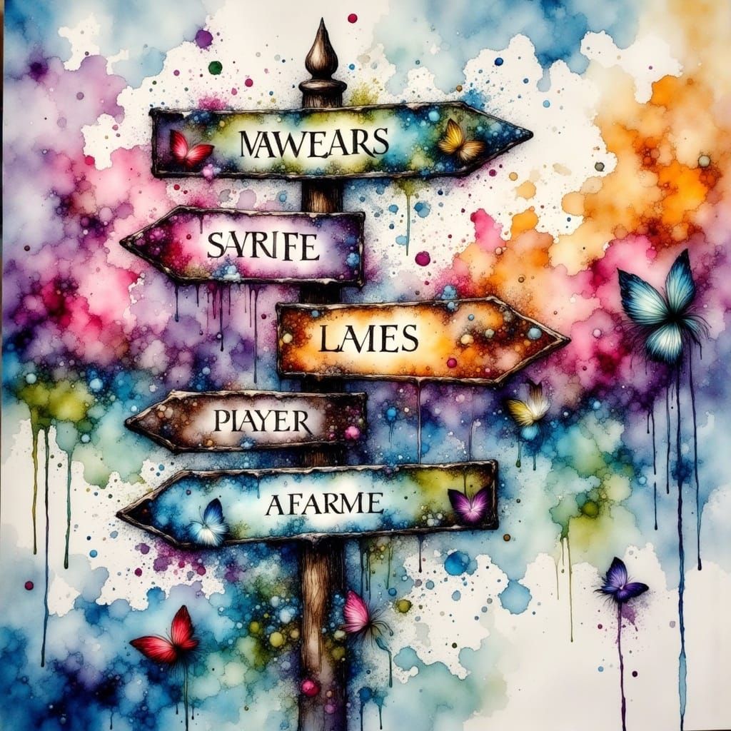 <lora:Alcohol Ink Grunge:1.0> crossroads, four ways, sign, Arthur Rackham style, watercolor, fairytale, magic, beautiful...