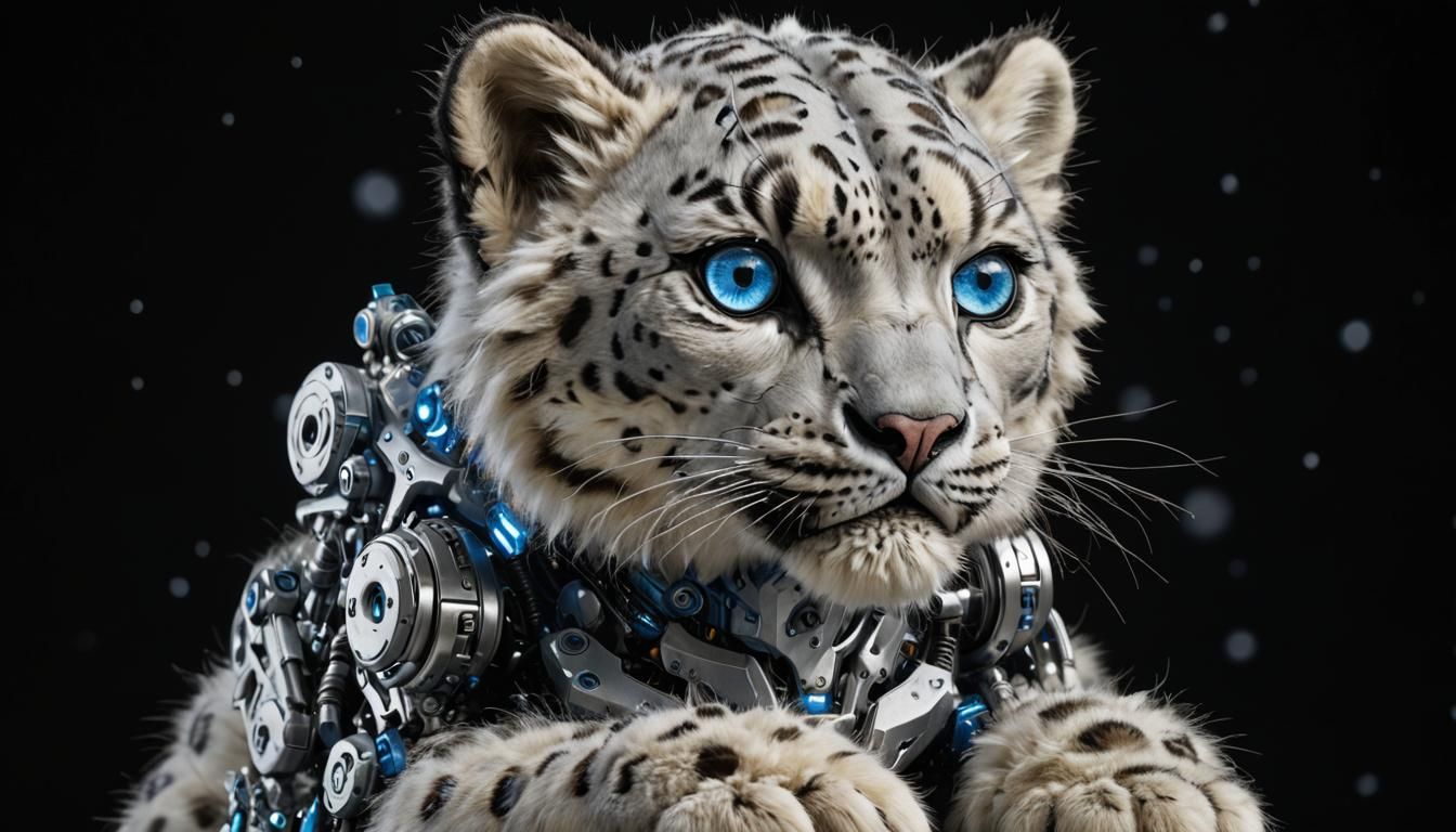 Photorealistic Baby Snow Leopard Cyborg with Blue Metallic D...
