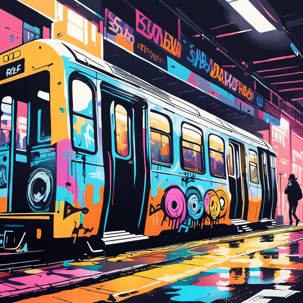 Graffiti Subway Train with Neon Musical Notes