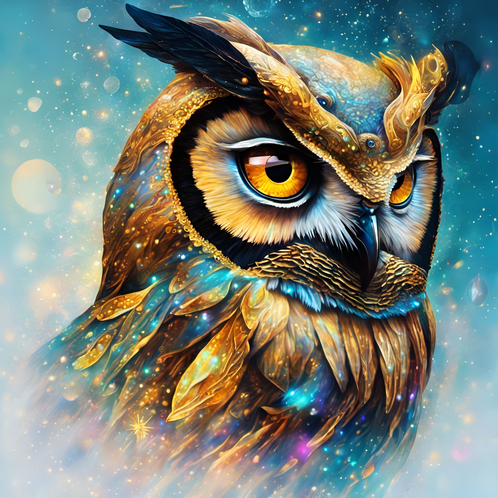 Golden Galactic Owl in Bosch Style
