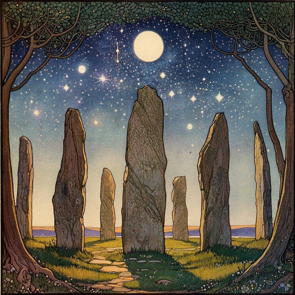 Mysterious Standing Stones Shine Under Starry Night Sky