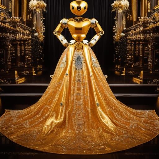 Robot in Gold Gown with Love Hearts
