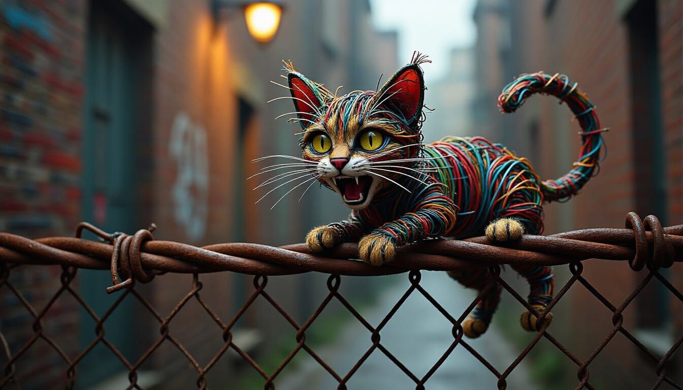 Chaotic Wire Cat on Rusted Fence, Surreal Art