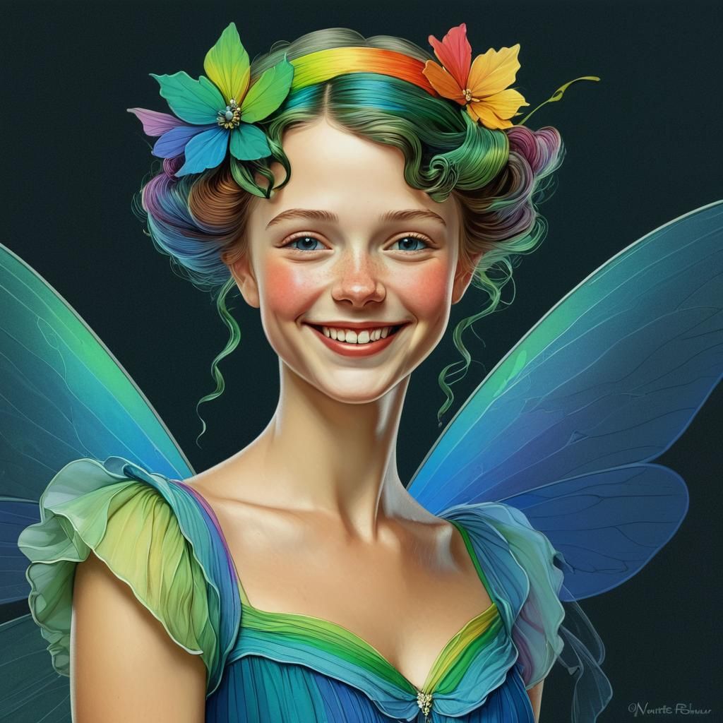 Rainbow Fairy Portrait in Rockwell-Inspired Digital Art