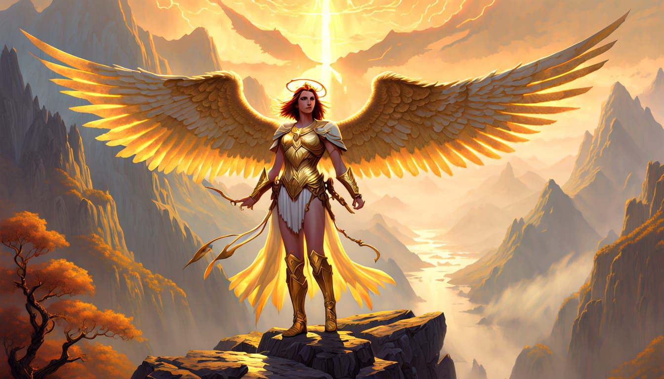 Heroic Angel in Epic Fantasy Landscape