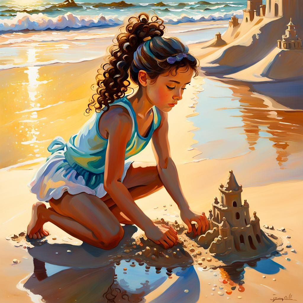 Girl Building Sandcastle: Impressionist Oil Painting