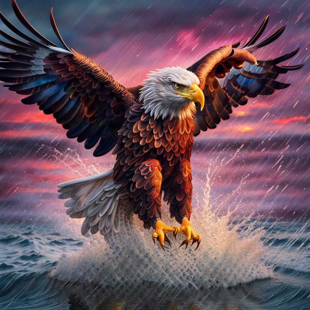 Eagle Splashes into Lake at Stormy Sunset