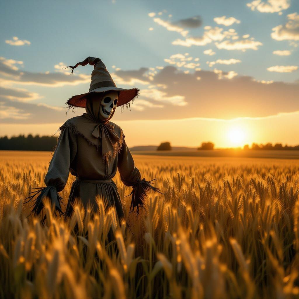 Ghostly Scarecrow in Golden Field at Dawn