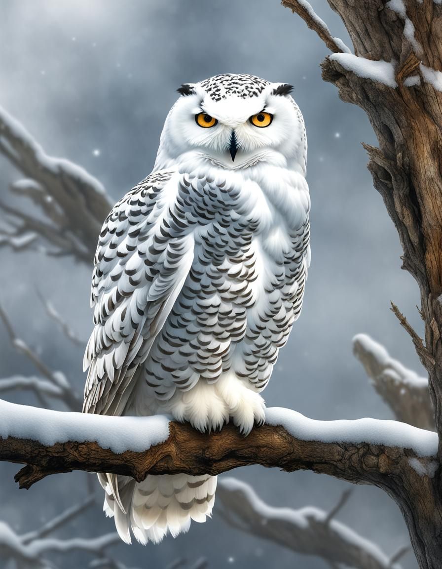 Snowy Owl in Winter, Watercolor Style