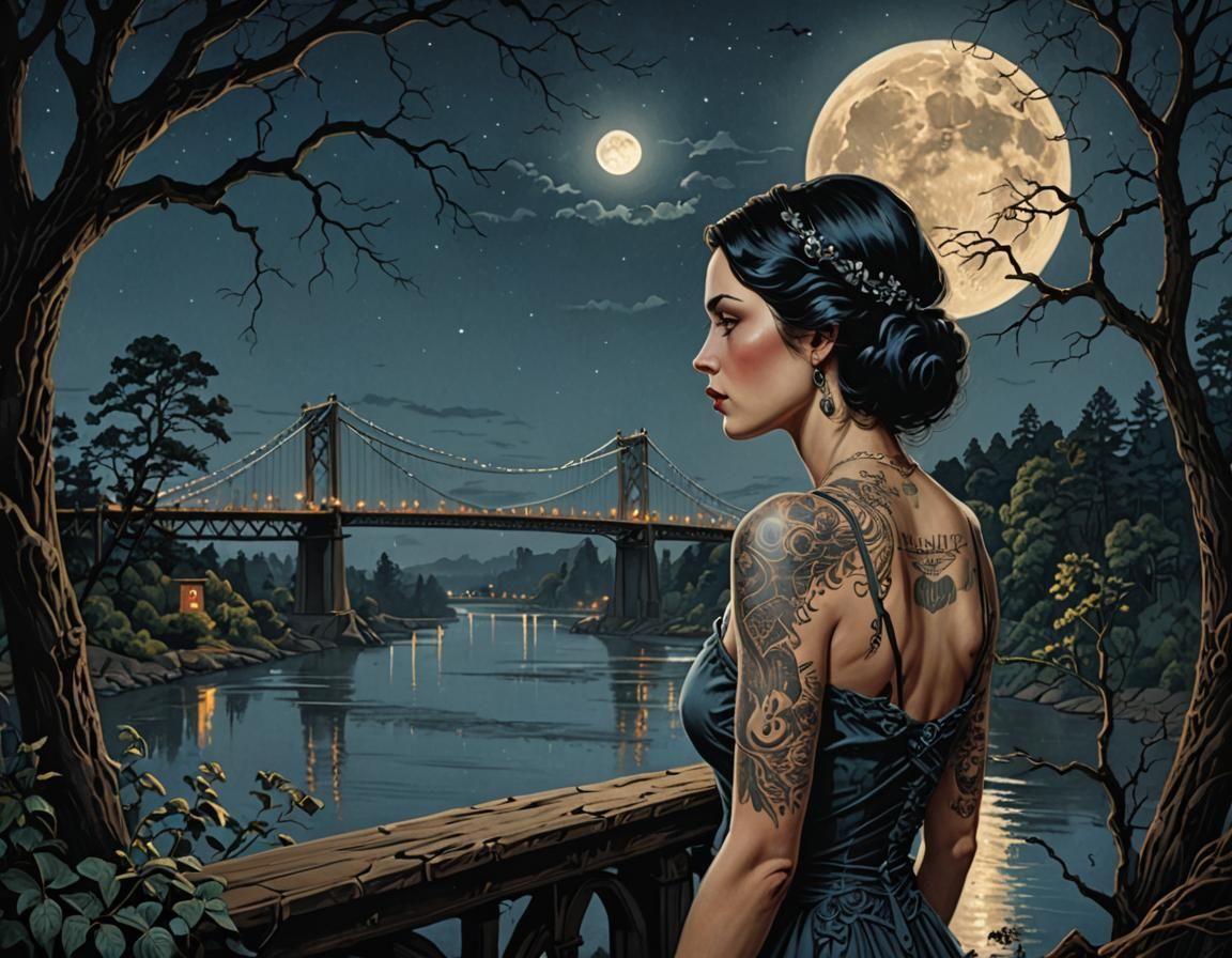 Tattooed Lady Overlooking Bridge in Art Deco Style