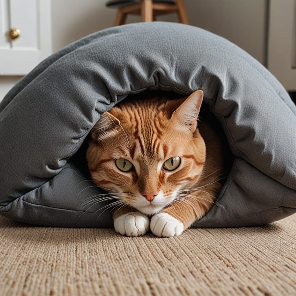 Cat Hides Head in Cushion