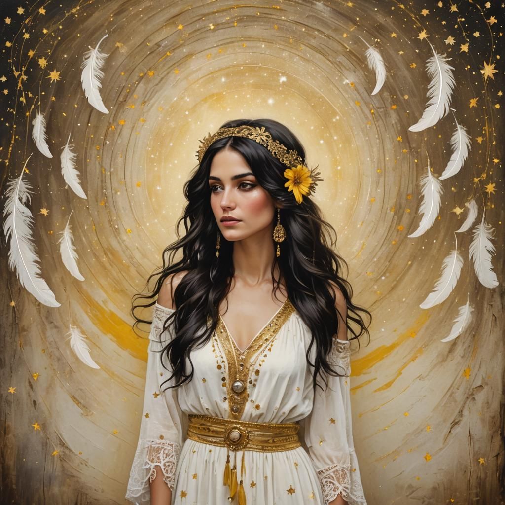 Beautiful Woman in Gypsy Dress with Starry Background