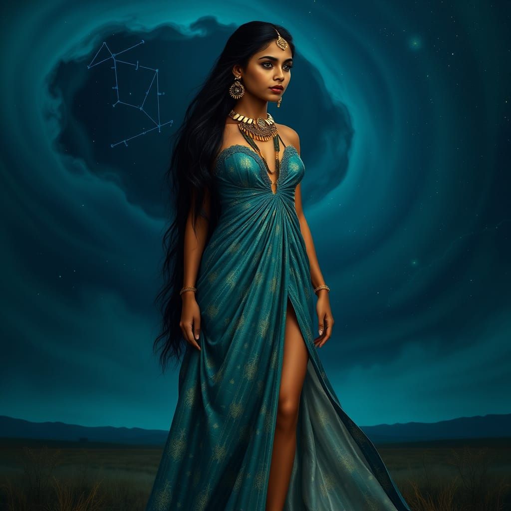 Sri Lankan Woman in Aurora Gown, Art Nouveau Portrait