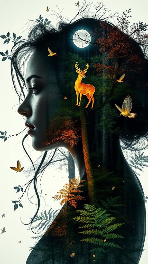Surreal Portrait of a Woman Merging with the Forest