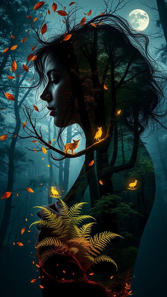 Ethereal Woman Merges with Luminous Forest
