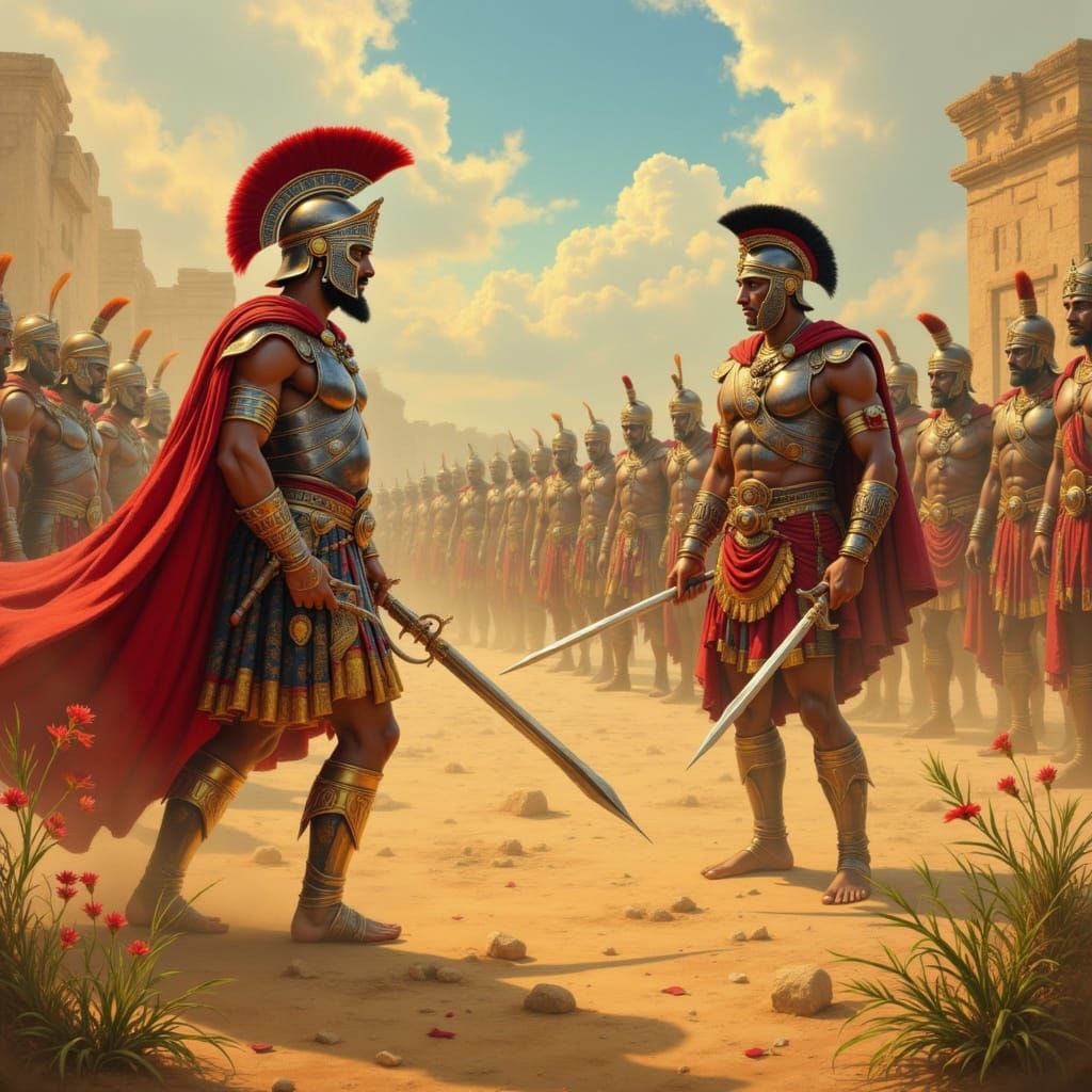 Roman Soldier Retreats from African Warrior on Dusty Battlef...