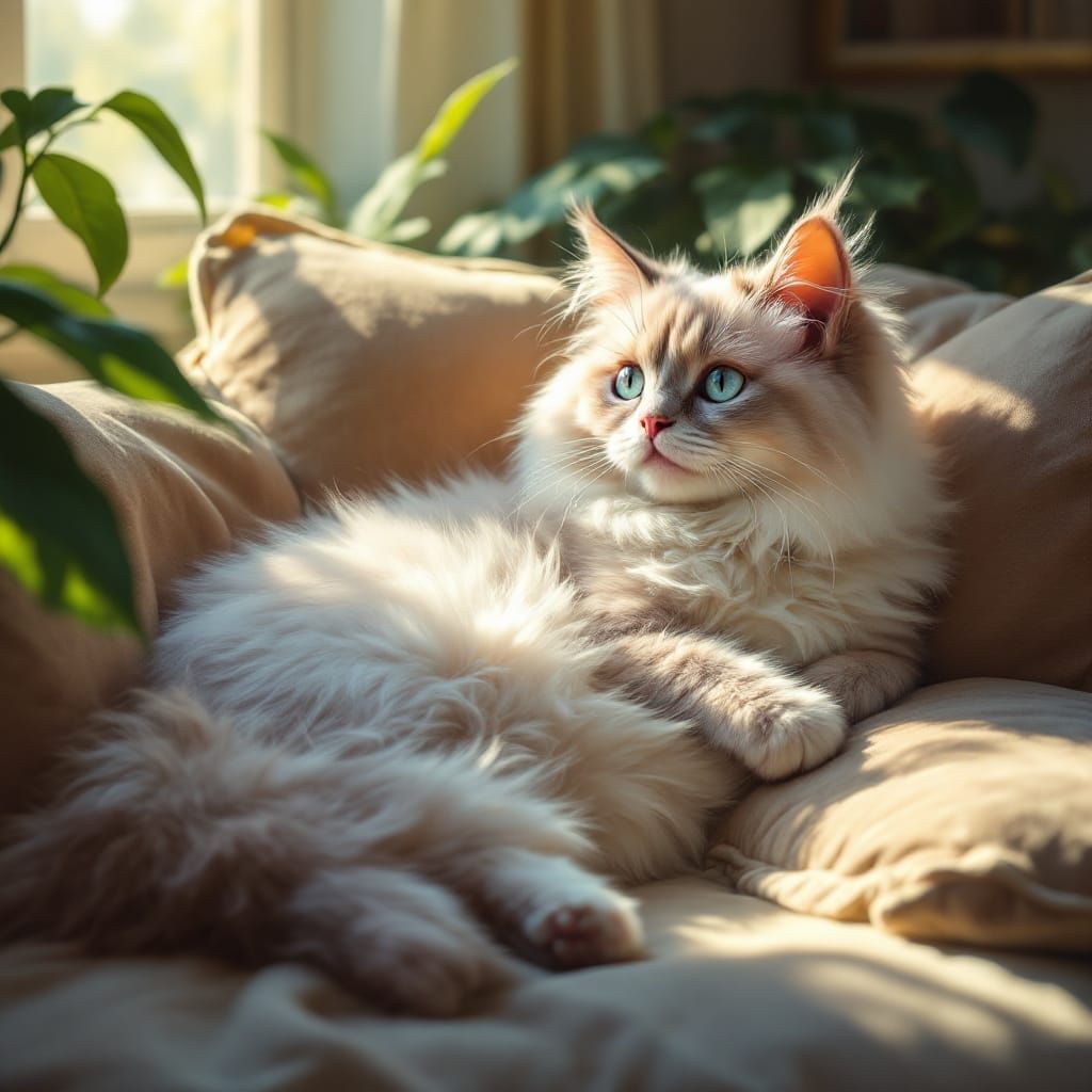 Majestic Lilac Ragdoll Cat in Romantic Realism Style