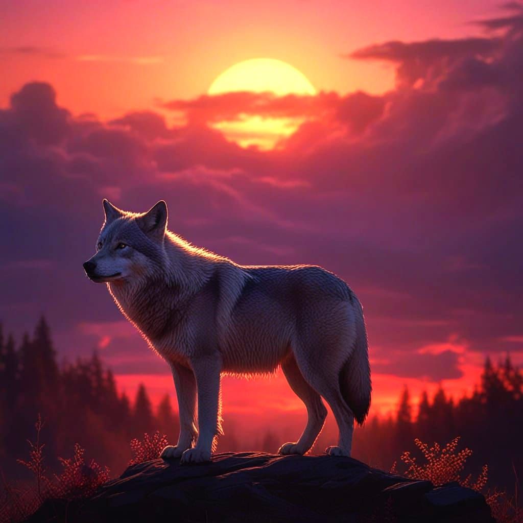 Alpha Wolf Under Sunset Sky - Nature's Power