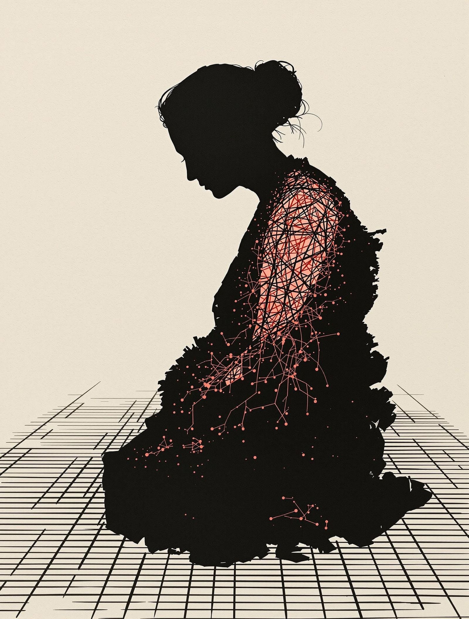 Kirie Silhouette: Woman's Metamorphosis in Scarlet Light