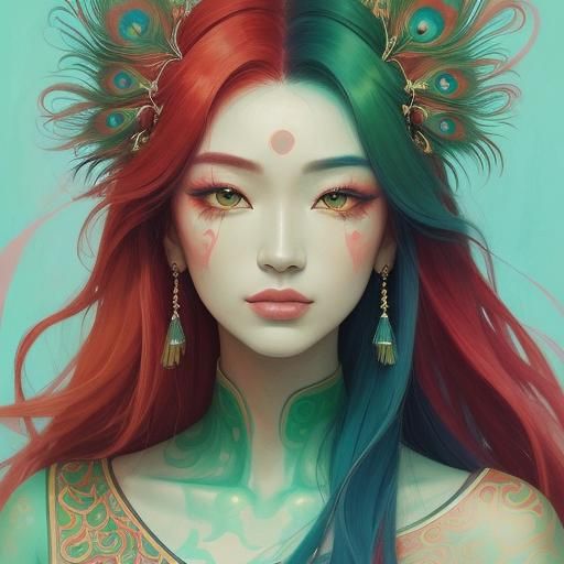 Expressive Portrait of Woman with Peacock Feather Eyelashes