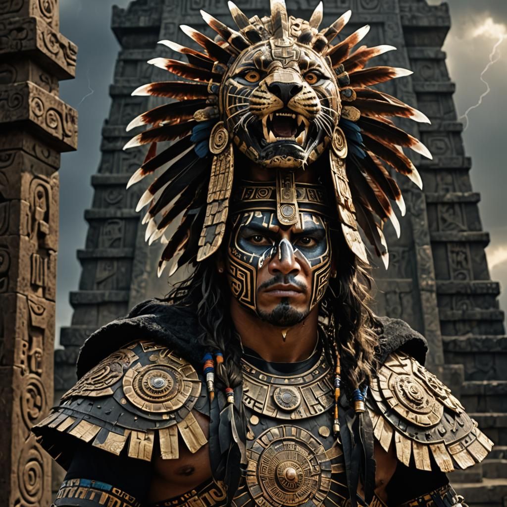 Aztec Jaguar Warrior Portrait with Obsidian Weapon